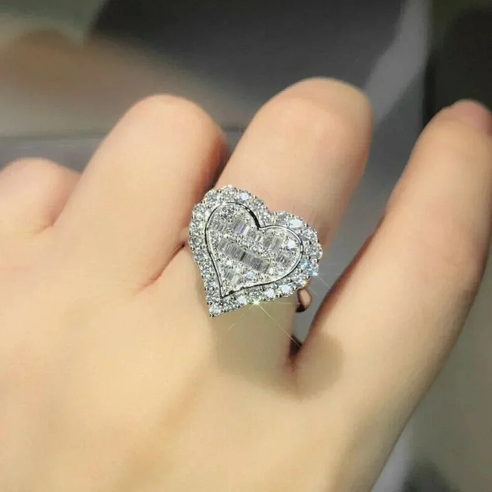925 Sterling Silver Baguette Diamond Heart Ring
